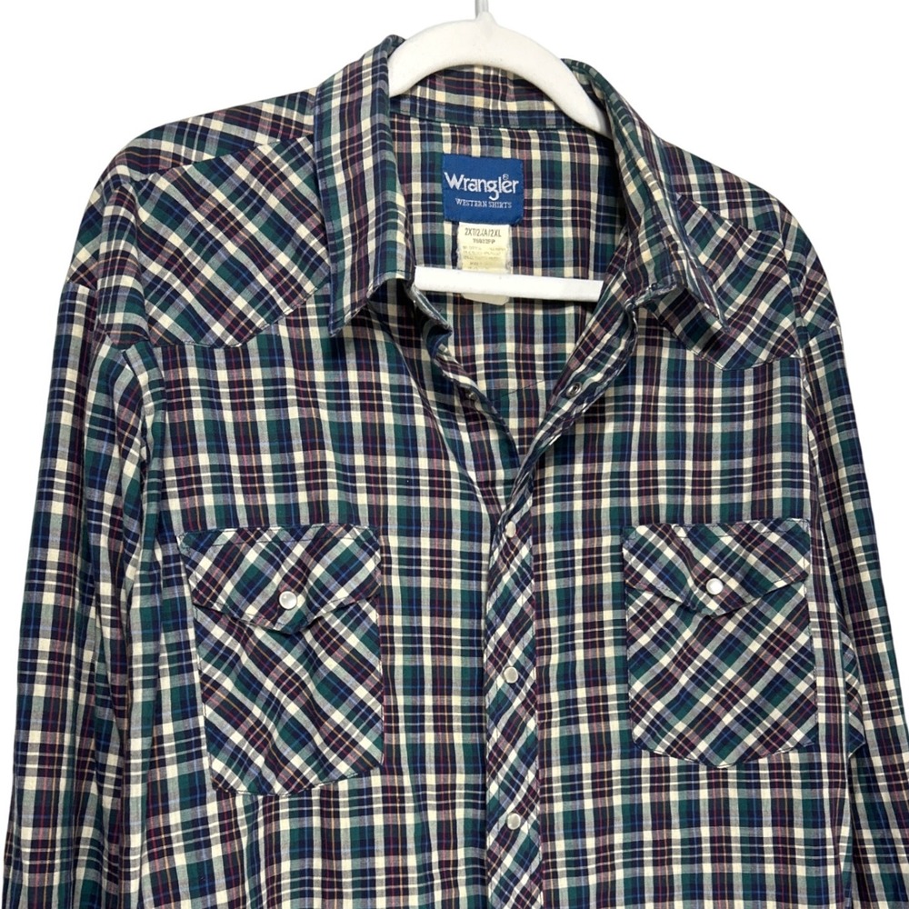 Wrangler Western Shirt Mens 2XL Tall Plaid Pearl Snap Long Sleeve Green